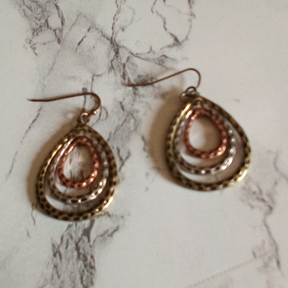 Trendy Mixed Metal Silver, Brass, & Copper Hammered Tear Drop Layered  Earrings - Picture 6 of 8